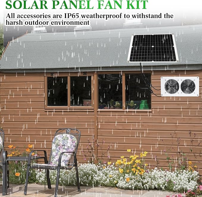 2 Sets Solar Panel Fan Kit 25W 12V Solar Fans for Outside Greenhouse USB Portable Waterproof Dual Fan with Metal Shell for Inside Chicken Coop, Shed, Pet House