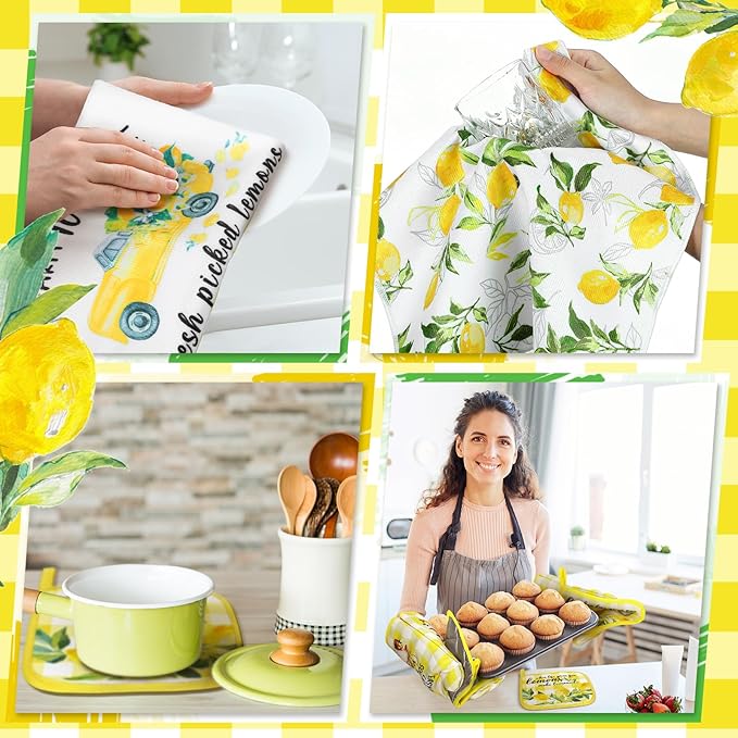 10 Pcs Lemon Kitchen Dish Towels Rugs Oven Mitts and Pot Holders Set Farmhouse Kitchen Decor Set for Women Mom Daughter Gift Cooking Baking Grilling (Fresh Yellow)