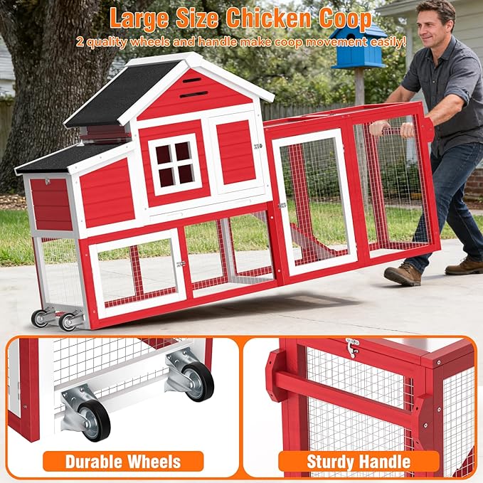 Chicken Coop for Outdoor, Mobile Poultry Cage with Wheels, Nesting Box, Weatherproof Roof and Leakproof Pull-on Tray for 4-6 Chickens, 78.7" L x 21.5" W x 43.7" H (Red)