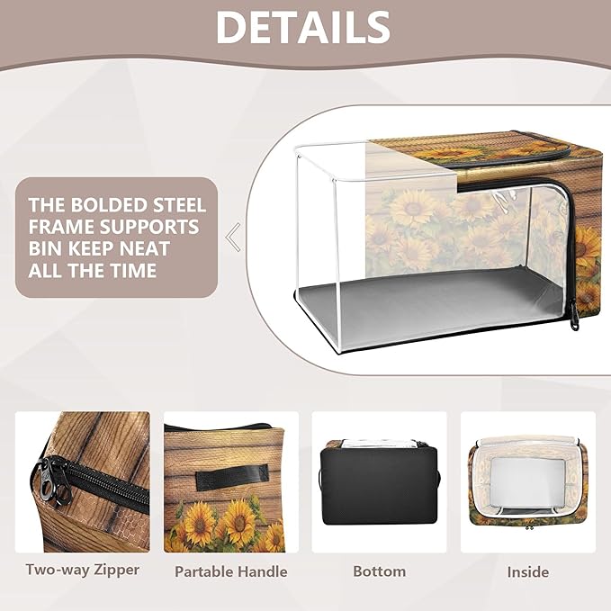xigua Wood Grain Sunflower Clothes Storage Bins with Hold Shape Metal Frame, 2 Opening Ways Foldable Clothes Organizer Box with Clear Window & Handles for Seasonal Clothing