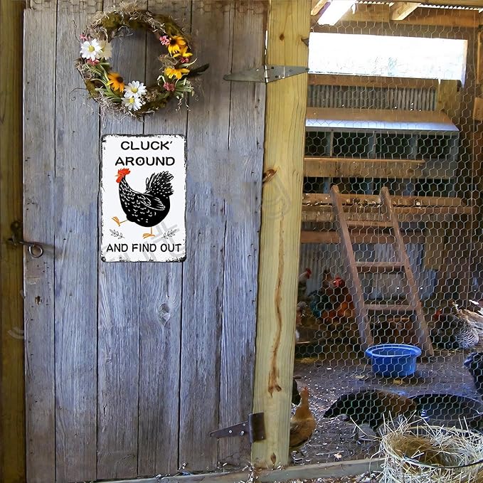 Funny Chicken Gifts Chicken Cluck Around and Find Out Tin Sign for Home Chicken Coop Farm Fence Kitchen Bathroom Wall Decor 8x12 Inch