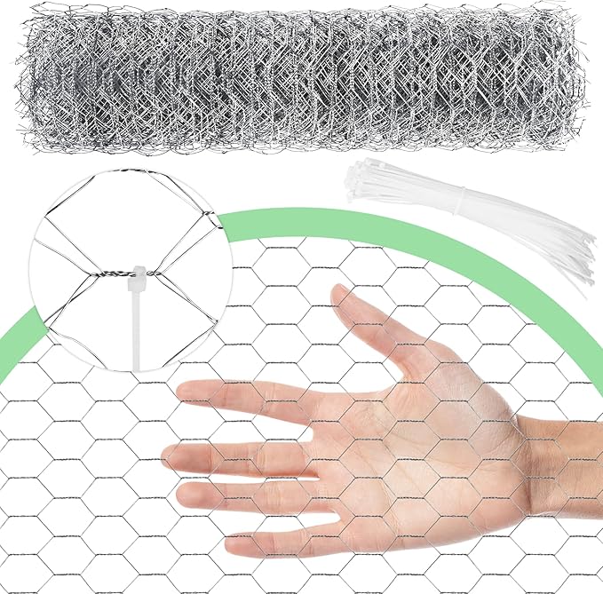 Chicken Wire 13.7 in x 393.7 in Poultry Wire Netting Hexagonal Galvanized Mesh Garden Fence Barrier for Pet Rabbit Chicken Fencing with 100 Pcs Cable Zip Ties