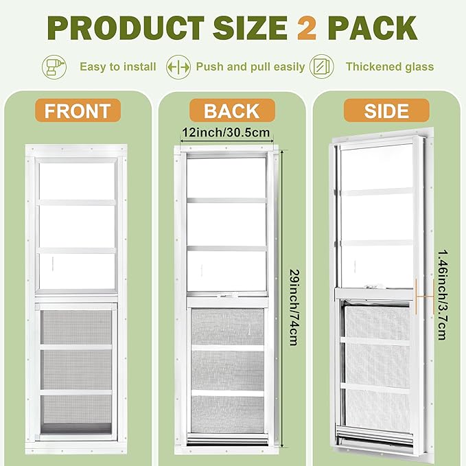 2 Pack Shed Windows, 12"x 29" White Sliding Window Suitable for Chicken Coop, shed, Household, Barn - Transom Window with Tempered Glass and Fiberglass Screen (WH,12''x 29'')