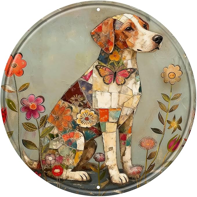 Dog Round Metal Tin Sign Wreath Farm Flowers Rustic Vintage Wall Art Decor for Home Garden Porch Yard Farmhouse Outdoor Decor 12x12inch