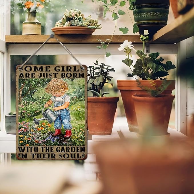 PEACHGARDEN Garden Vintage Tin Sign Little Girl Gardening Some Girls are Just Born with The Garden in Their SoulsMetal Tin Sign Retro Plaque Kitchen Poster Man cave 12x16inch