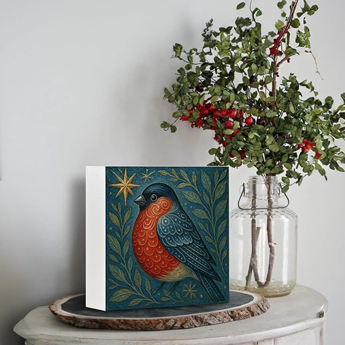 Cardinal Bird Wooden Sign - Navidad Xmas Decoration, Christmas Art Ornament, Bird Christian Wooden Box Sign for Home Kitchen Bathroom Library Table Desk Shelf Decoration, 5x5 Inch