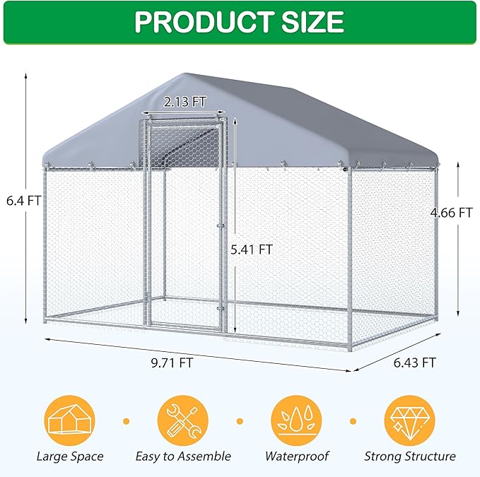 Large Metal Chicken Coop, Walk-in Chicken Run Pen with Waterproof Cover, Spire Roof Poultry Cage for Outdoor, Backyard, Farm (6.4'Wx9.7'Lx6.4'H)