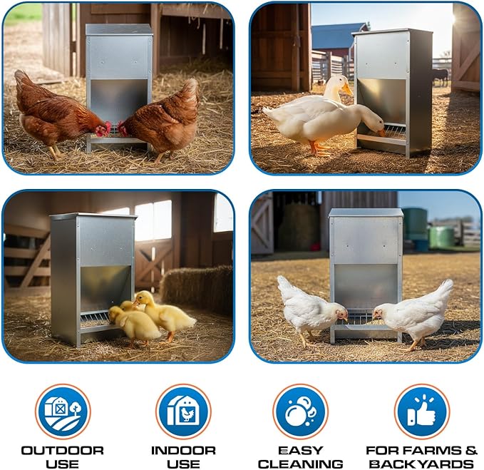 Plexon Steel Poultry Feeder 25lb Capacity – Galvanized Metal Chicken Feeder Turkey Duck Feed Dispenser Wall Mountable Outdoor - Grid to Reduce Waste, No Assembly