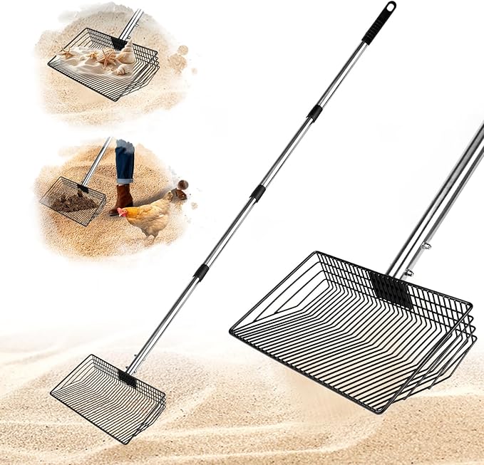 10inch Large Metal Chicken Poop Scooper, Chicken Poop Scooper for Sand with Adjustable Stainless Steel Handle, Chicken Coop Scooper for Sand Suitable for Chicken Coops, Rabbit Coops, Stables, Gardens