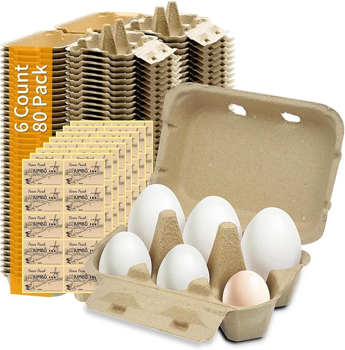 Jumbo Duck Egg Cartons 80 Pack- Holds Up to Half Dozen 6 Count Eggs Bulk Blank Container Empty Cardboard Thickness Natural Pulp Egg Boxes, with Stickers