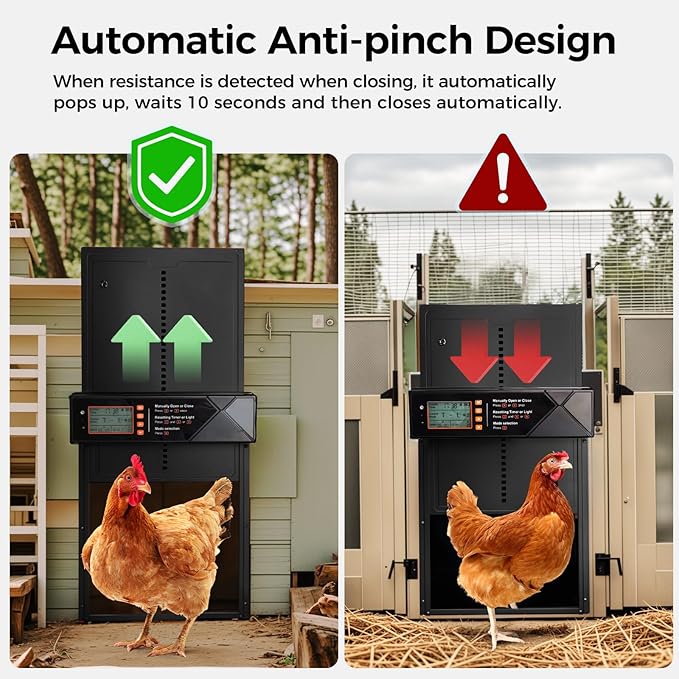 Automatic Chicken Coop Door Solar Powered, 4 Modes Automatic Chicken Door with Timer & Light Sensor, 7W Solar Charging Panel, Waterproof Aluminum Alloy Chicken Door with LED Screen (Black)