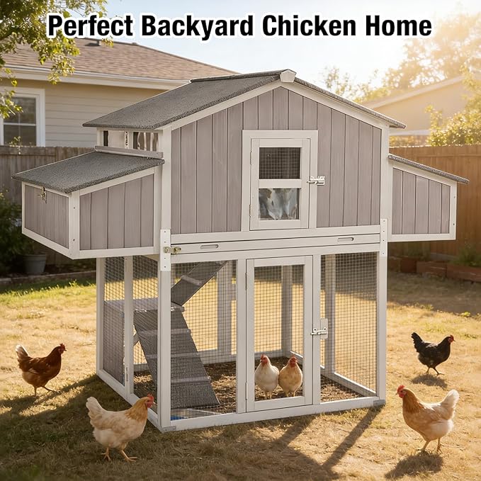 Large Chicken Coop with Unique Folding Design – Easy Assembly, Outdoor Hen House with 2 Nesting Boxes, Leakproof Pull-Out Tray, and UV-Resistant Roof (Grey)