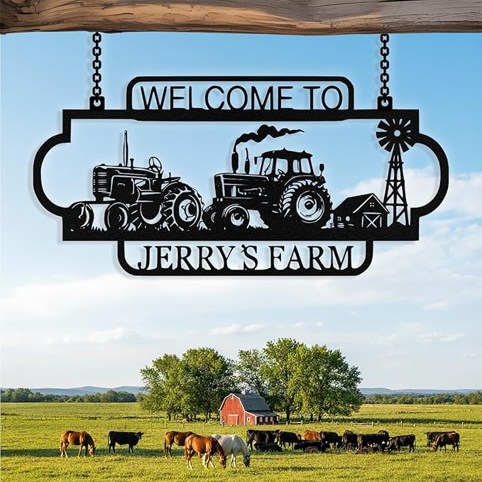 Personalized Metal Farm Sign, Custom Tractor Farm Metal Signs Outdoor, Custom Ranch Sign, Customized Large Hanging Family Name Welcome Sign for Farms, Ranch, Barn, Farmhouse