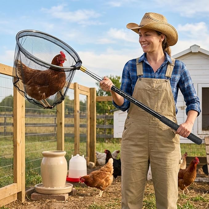 Chicken Net, Adjustable Animal Net with Handle 16-60 Inch Telescoping Steel Pole with Folding Head for Catching Birds, Poultry, and Small Animals, and Butterfly