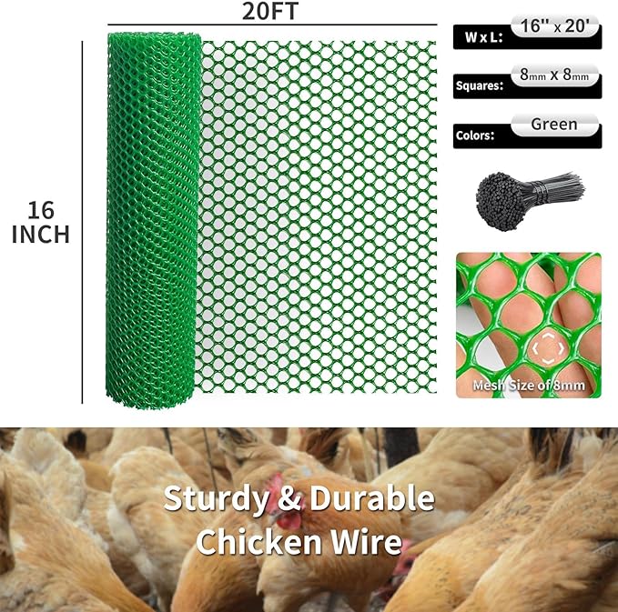 Plastic Wire Mesh Fence 16in x 20Ft Plastic Chicken Wire Mesh for Poultry, Dogs, Rabbit, Snake Barrier & Gardening Versatile Plastic Fencing (16in x 20Ft, Green)