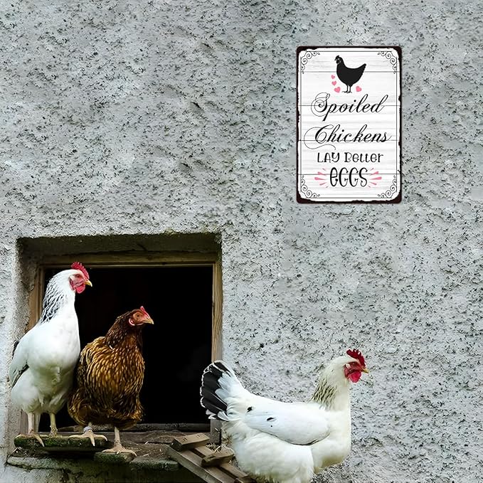 Farmhouse Chicken Coop Sign - "Spoiled Chickens Lay Better Eggs" Aluminum Decor, 12" x 8", Perfect for Chicken Coop Accessories and Country Farm Decor (9662）