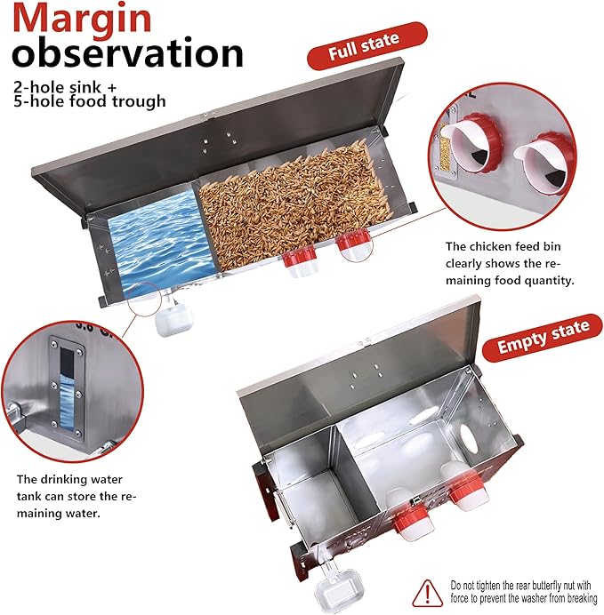 Stainless Steels Chicken Feeder and Waterer, Gravity Feeder with Adjustable Legs, Aluminum Alloy Water Cup, Automatic Feeder Waterpoof and Sturdy, Transparent Water Observation Window, 3.7 Gallon