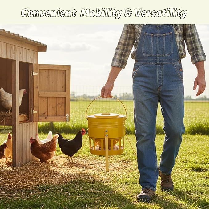 KOL Metal Chicken Feeder - 20lbs No Waste Chicken Feeder with 12 Ports, Powder Coated Rust-Proof Design & Smooth Edges for Safe Feeding (Yellow)