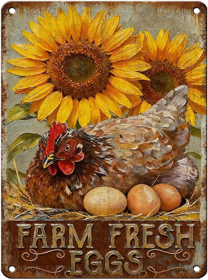 Farm Fresh Eggs Tin Sign Vintage Chicken Hen Rooster Sunflower Metal Sign Nostalgic Rustic Chicken Lovers Wall Decor Decorations for Home Farmhouse Poultry House Coop Yard Kitchen 16 * 12In