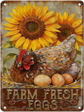 Farm Fresh Eggs Tin Sign Vintage Chicken Hen Rooster Sunflower Metal Sign Nostalgic Rustic Chicken Lovers Wall Decor Decorations for Home Farmhouse Poultry House Coop Yard Kitchen 16 * 12In