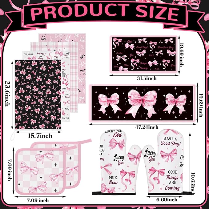 10 Pcs Bow Kitchen Dish Towels Rugs Oven Mitts and Pot Holders Set Farmhouse Kitchen Decor Set for Women Mom Daughter Gift Cooking Baking Grilling(Black, Pink)