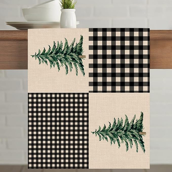Seliem Black White Buffalo Plaid Check Table Runner, Pine Tree Winter Home Kitchen Decor, Christmas Seasonal Farmhouse Holiday Rustic Burlap Dining Decoration Housewarming Gift Party Supply 13X36