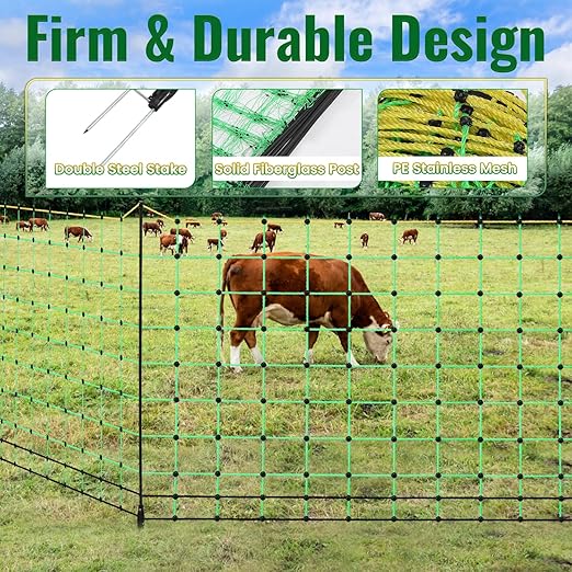164'L x 49.6" H Electric Fence Netting, Electric Poultry Fence with 16 Posts 2 Spikes for Goats, Hogs and Cattle, Anti-Predator Electric Fencing, Movable Livestock Electrical Net in Farms and Ranches
