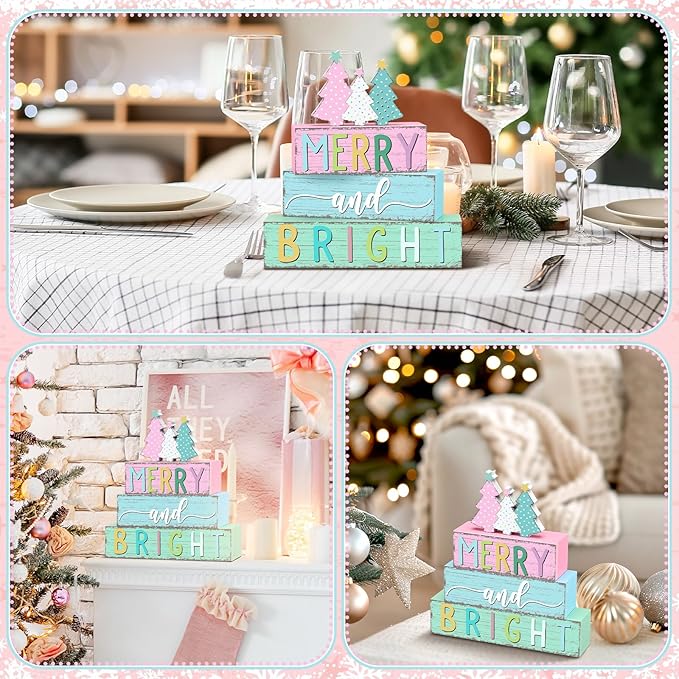 Geelin 4 Pcs Christmas Tree Table Sign Pastel Candy Color Wooden Decorations Xmas Tree Tiered Tray Decor Christmas Centerpieces Pastel Wooden Block Set Xmas Table Sign for Home