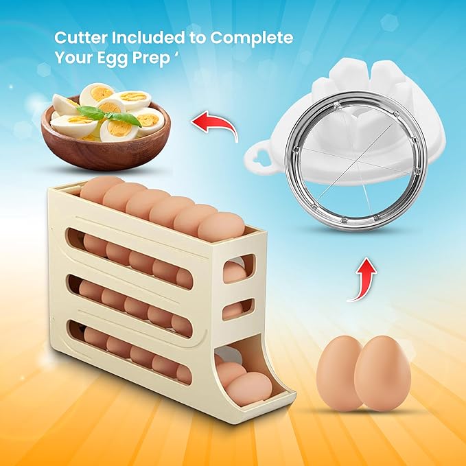 ZAYLAN Egg Holder for Fridge, Auto Rolling Egg Roller/Dispenser/Organizer/Storage Container, Space-Saving 4-Tier Egg Tray for 28 Eggs, Refrigerator, Kitchen & Countertop with Flower Egg Cutter (Cream)