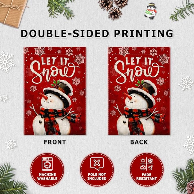 Christmas Welcome Flag - Snowman Let It Snow Winter Flags 12x18 - Outdoor Garden, Porch, Home Décor - Red Color Merry Xmas Yard Decoration
