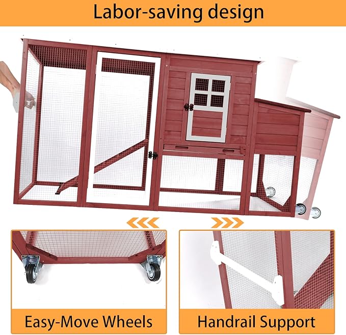 PetsCosset 75" Chicken Coop Backyard with Wheels Nesting Box Waterproof Removable Tray and Ramp Large Hen House for 1-4 Chickens