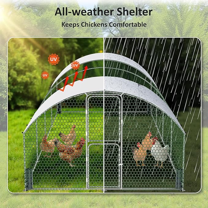 Large Metal Chicken Coop, Walk-in Chicken Run with Feeding Door, Security Lock and Cover, Outdoor Duck/Rabbit Cage Poultry Pen for Backyard, Farm, Yard (Silver - Dome Roof, 26.2 x 9.8 x 6.6 FT)
