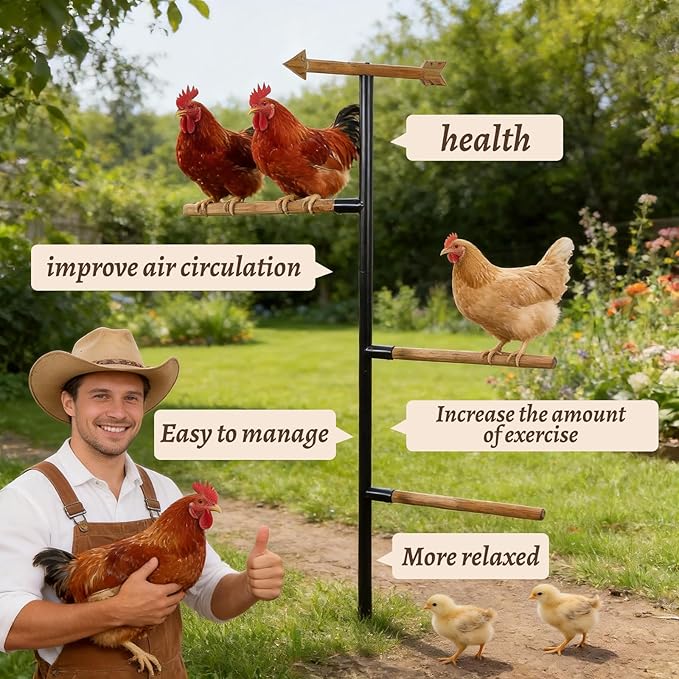 Large Chicken Roosting Bars, Wooden 4-Branch Perch & Outdoor Bird Playground Toy,Chicken Perch for Coop & Backyard,50" H x 16.5" R, 4-Prong Metal Ground Plug,for Small Poultry, Bird & Parrots