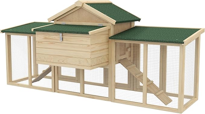 PawHut 80" Chicken Coop, Wooden Outdoor Chicken Cage Hen House with Nesting Box, Double Runs, Removable Tray, Ramps, for Backyard