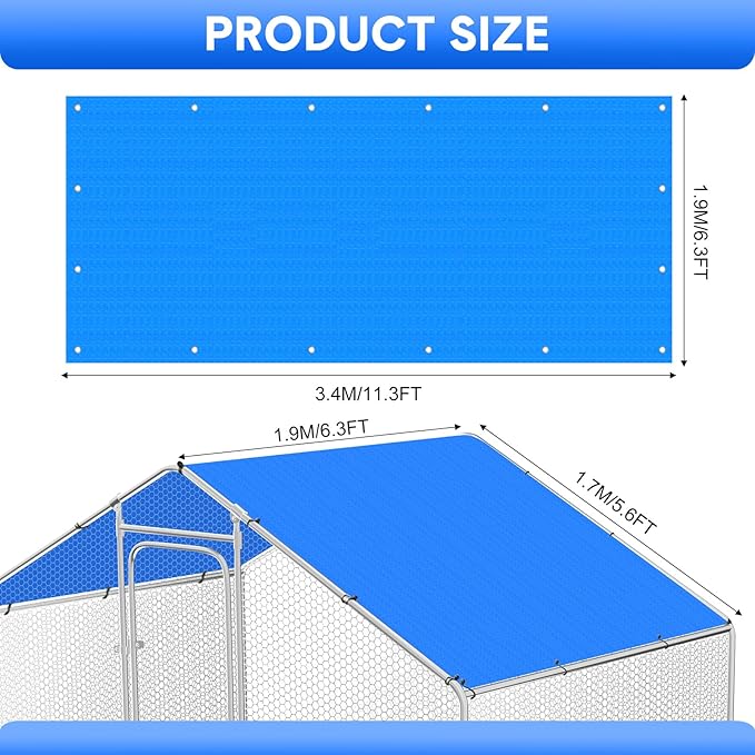 Nuanchu Chicken Coop Cover Waterproof and UV, 11.3 * 6.3 FT Chicken Run Cover for Winter with 18 Ball Bungees Cords Coop Tarp Shade Cloth for Large Coop Walk in Run Pen(Blue)