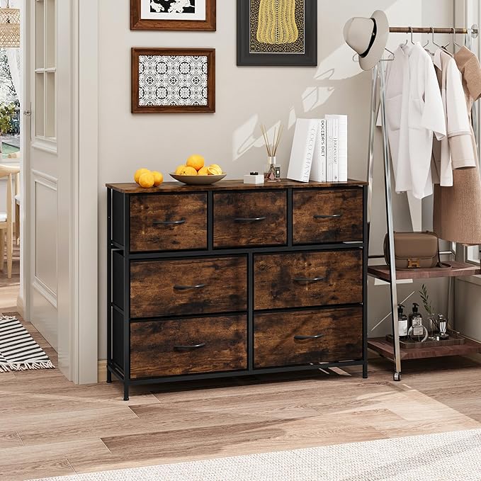 WelFurGeer 7-Drawer Fabric Dresser with Metal Frame, Dressers & Chests of Drawers, White Chest of Drawers for Bedroom, Hallway, Entryway, Closets, Kids Room Organization, Brown