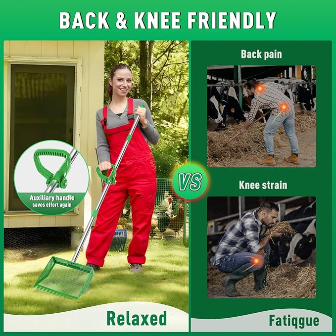 TOOGE Upgraded Chicken Poop Scooper: 10" Metal Pooper Scooper & Rake 4-Section 62" Long Handle Chicken Coop Scoop Scoopers Accessories Large Sand Sifting Litter Shovel for Goats/Yard/Farm/Beach Green