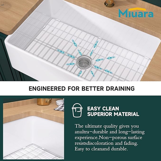 Miuara Farmhouse Sink 33 Inch - White Apron Front Kitchen Sink Reversible 33"x20"x10", Undermount, Farm House Style Large Deep Single Bowl, Heavy Duty Solid Fireclay, Glossy White, for Kitchen