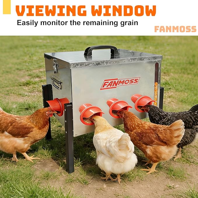 60lb Automatic Chicken Feeder, 8 Ports No Waste Chicken Feeder with Viewing Window, Locking Lid, Adjustable Legs & Waterproof Silo, Large Metal Poultry Feeder for Hens, Ducks, Geese, Poultry
