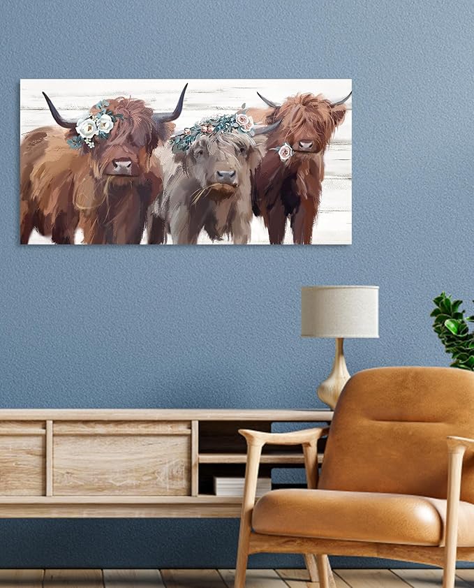 Highland Cow Canvas Wall Art: Cow Floral Picture Farmhouse Kitchen Decor Funny Animal Long Haired Scottish Cow Paintings Framed Rustic Country Wall Decor for Living Room Bedroom 20" x 40"