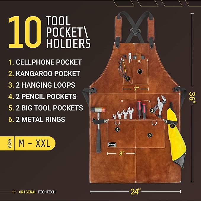 FIGHTECH Shop Apron - Heavy Duty Wood Working Apron for Men with Tool Pockets for Woodworkers Blacksmiths Carpenters M-XXL