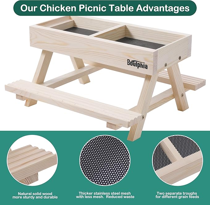 Chicken Feeders and Waterers, Chicken Feeder No Waste Kit with Picnic Table and 2 Water Feeder, Handmade Wooden Chicken Supplies & Accessories for Chicken Coop