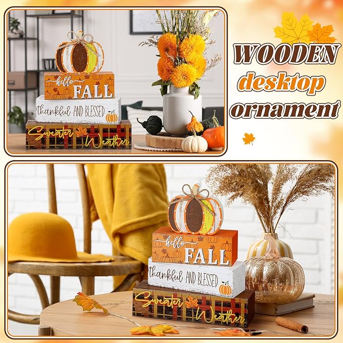 Geelin 4 Pcs Thanksgiving Decorations Fall Wooden Sign Pumpkin Tiered Tray Decor Hello Fall Table Centerpiece Wood Blocks Table Top Sign for Home
