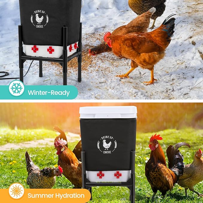 5 Gallon Heated Chicken Waterer with Stand – 20L Poultry Waterer Feeder Set, 8 Drinking Nipples + 4 Extras – Anti-Freeze, No Leak, Easy to Fill & Clean – Chicken Coop Accessories for 15–25 Chickens