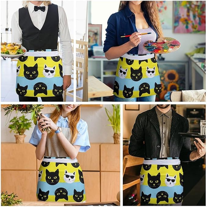 Server Apron with 3 Pockets Waist Waiter Waitress Half Apron Short Aprons
