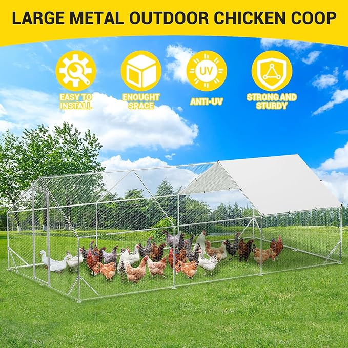 GarveeLife Large Chicken Coop, Metal Chicken Run with Anti-Ultraviolet Waterproof Cover, Spire Roof Walk in Poultry Cage, Outdoor Chicken Pen for Backyard and Farm Use, 9.8 ft x 19.7 ft x 6.6 ft