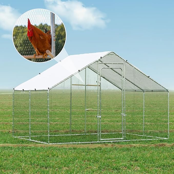 Large Metal Chicken Coop Heavy Duty Chicken Pens Outdoor with Top Walk in Poultry Cage Chicken Run Dog Kennel with Water Resident and Anti-UV Cover for Yard with Cover Duck Rabbit Cage
