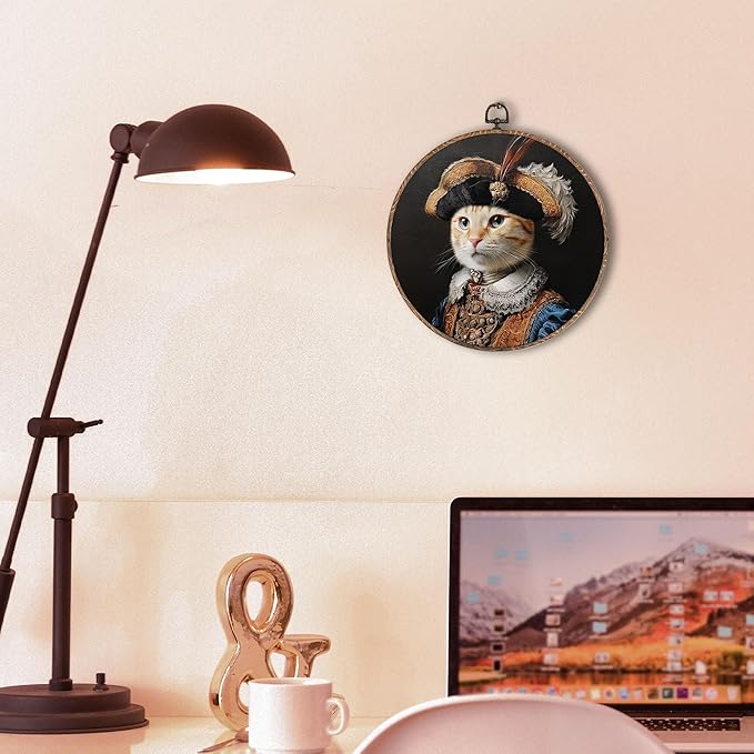 Hxlac Victorian Cat Round Wall Art Framed, Vintage Cat Round Wall Decor, Cottagecore Farm Animal Hanging Canvas Prints Wall Sculptures for Home Living Room Bedroom Decor, 10x10 Inch