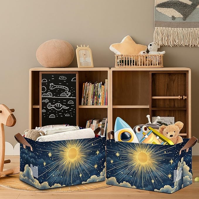 Sun Stars Storage Basket with Handles,Collapsible Rectangle Organizer Bin for Room Decoration Books Box Baskets 17x11.5x10Inch