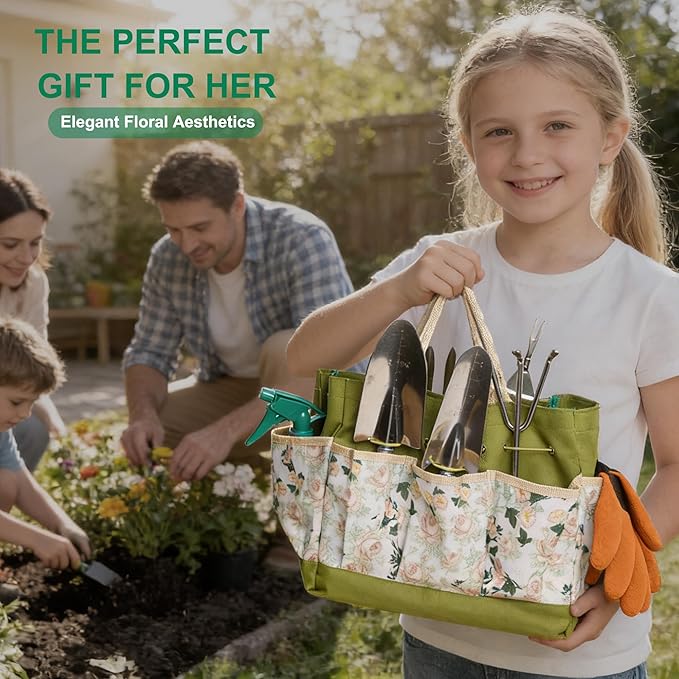 Garden Tool Set, 9 Pcs Heavy Duty Stainless Steel Gardening Hand Tool, Green Garden Tool Bag Kit, Gardening Supplies Gifts for Women Men Mom Dad Gardener Beginner